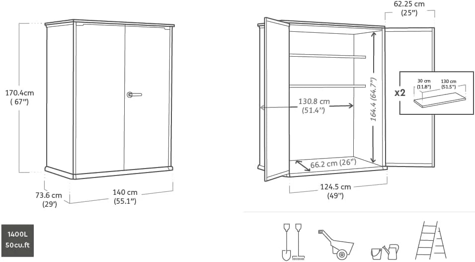 2026 Keter High Store Plus- Cobertizo de jardín Exterior, 1400L, Color Gris, tecnología Duotech Paredes aptas para Pintar, 170.4 x 140 x 73.6 cm