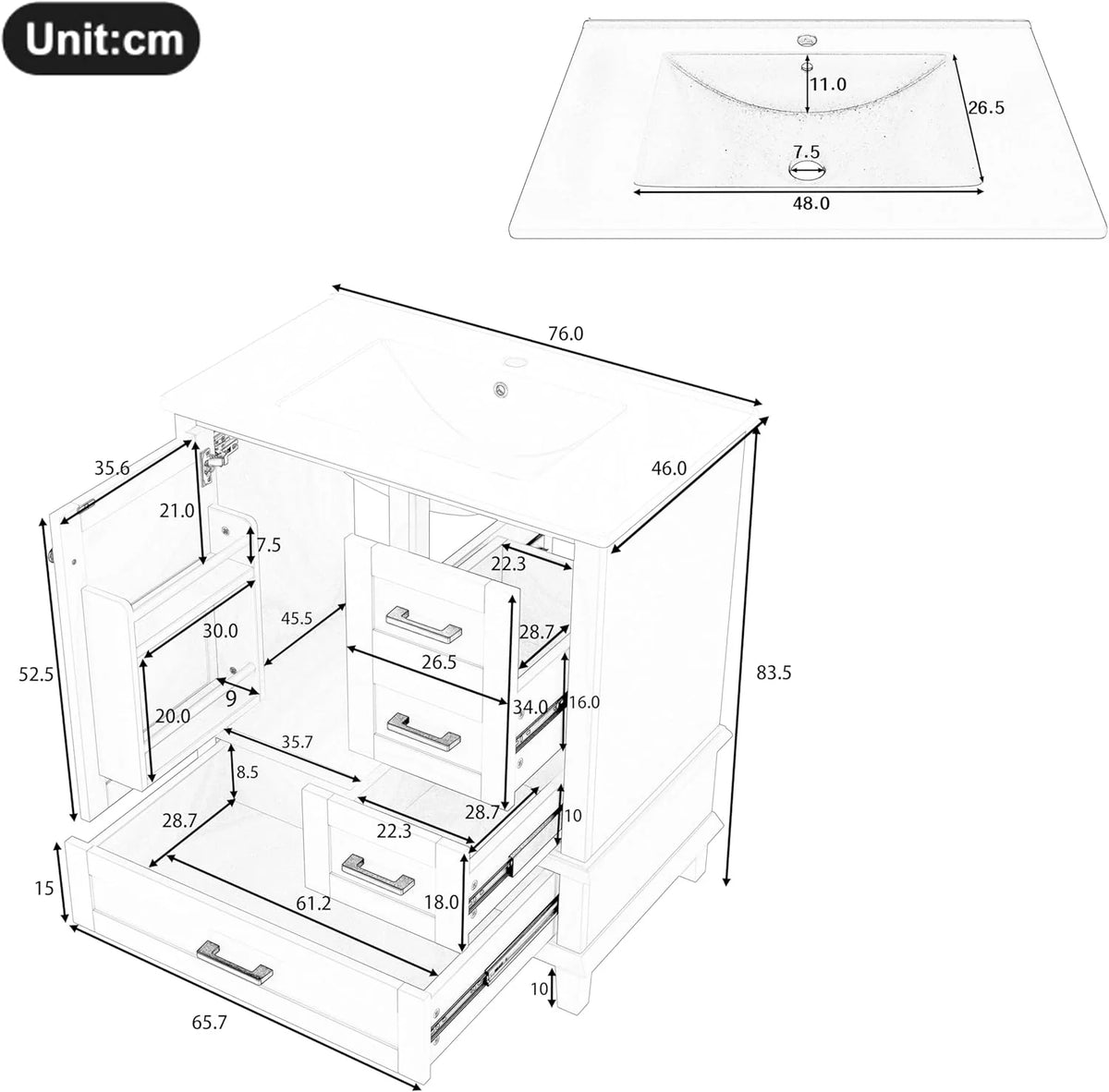 2026 Moimhear Mueble de baño de pie, lavabo, lacado completo, tres cajones silenciosos, lavabo de cerámica integrado (blanco, 76 x 46 x 83,5 cm)