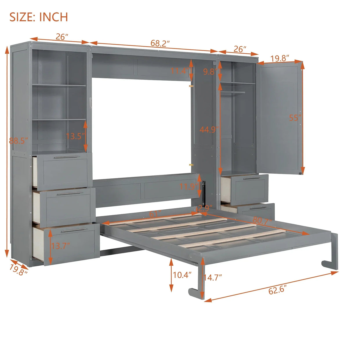 2026 NewNewest Queen Size Murphy Bed Wall Bed with Closet,Drawers, Shelves,Gray