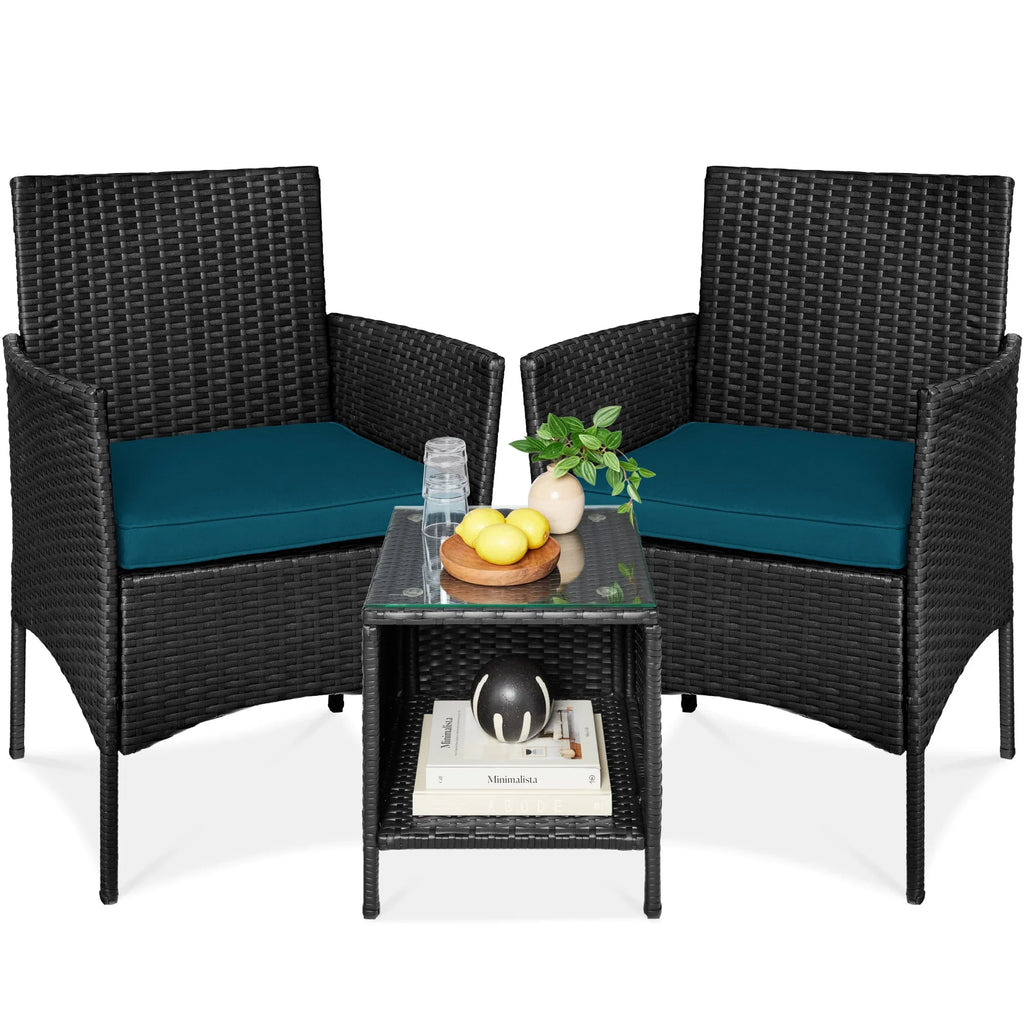 2026 NewBest Choice Products 3-Piece Outdoor Wicker Conversation Patio Bistro Set, w/ 2 Chairs, Table - Gray/Navy