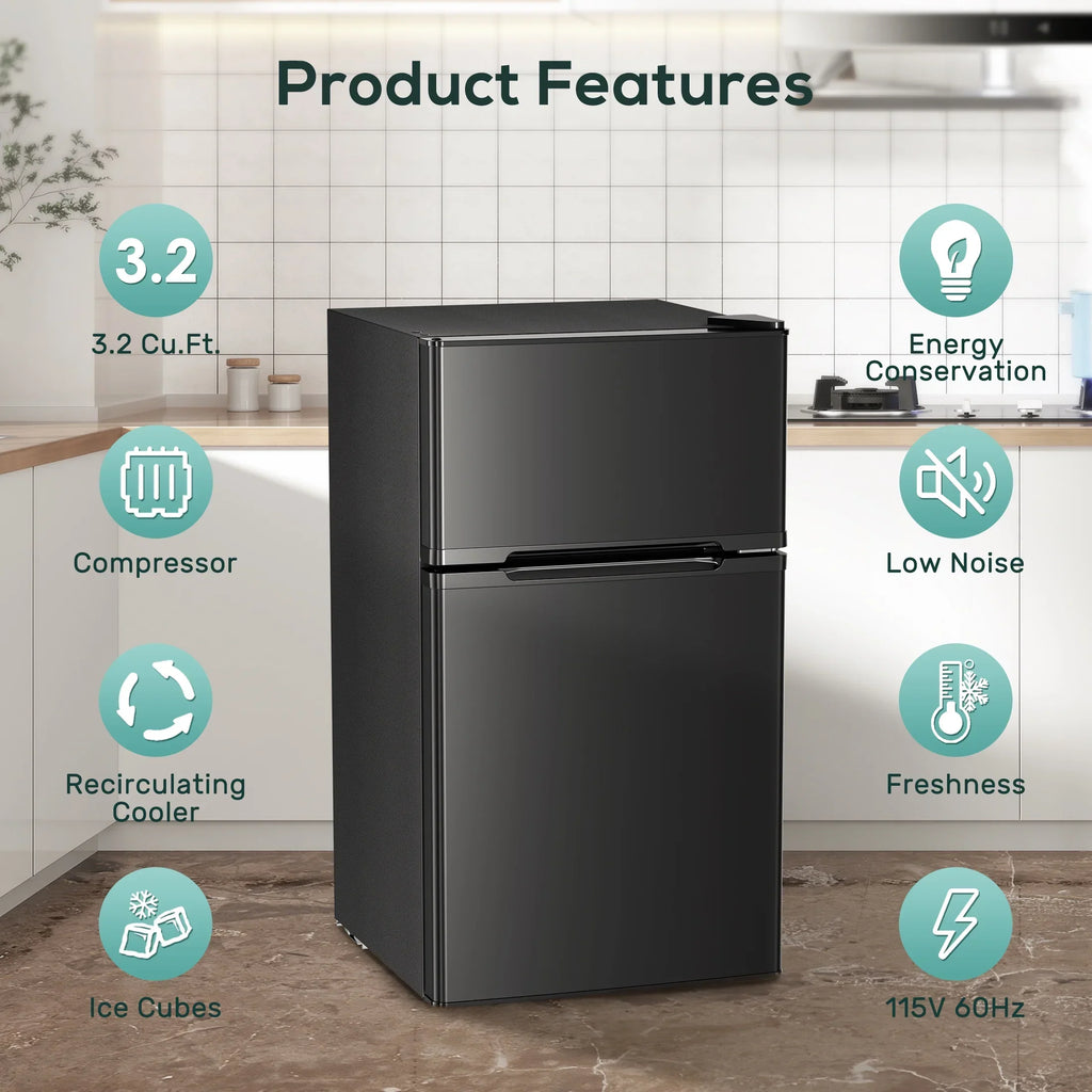 2026 NewAuseo 3.1 Cu.Ft Double Door Mini Fridge with Freezer, Compact Retro Refrigerator for Dorm, Office, Bar, Bedroom, Black