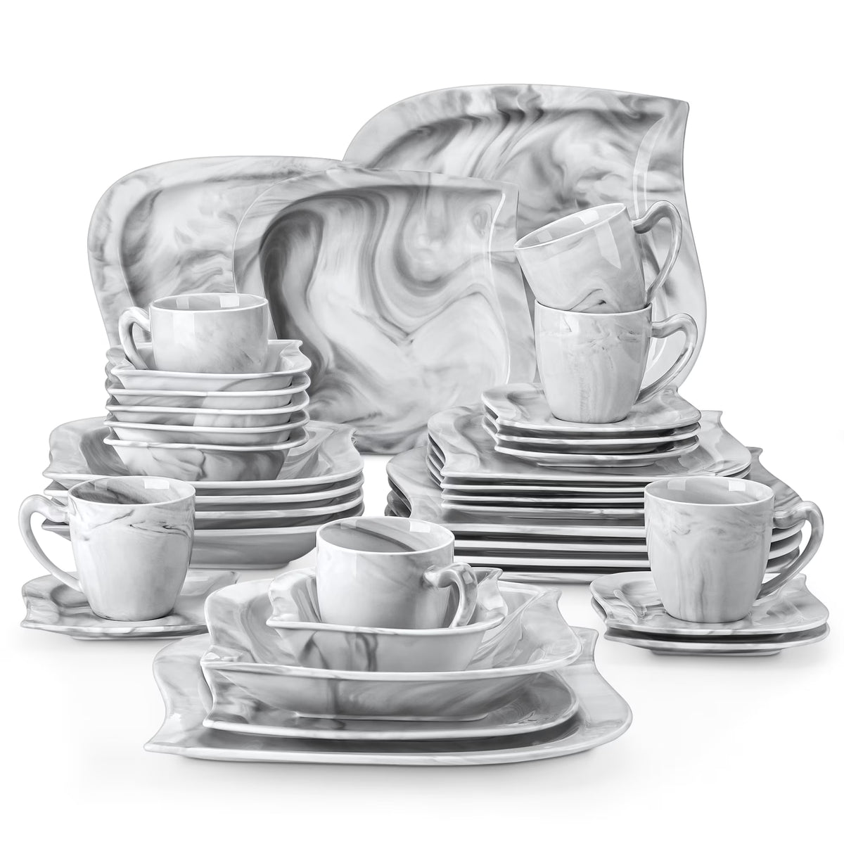 2026 Newvancasso 36 pcs Dinnerware Sets, Plates and Bowls Set for 6, Porcelain Dinner Set, Marble Gray