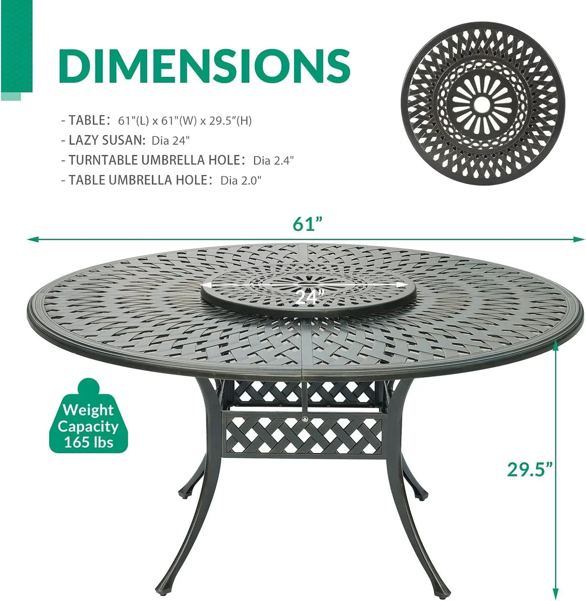 2026 NewVIVIJASON Outdoor 61" Patio Dining Table for 6-8 Person, Large Patio Round Dining Table with 24" Lazy Susan, Dark Bronze Cast Aluminum Rustic Patio Table W/Umbrella Hole for Balcony, Porch and Deck