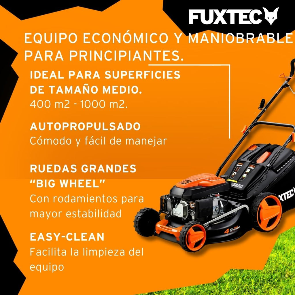 2026 Cortacésped de tracción de Gasolina autopropulsado FUXTEC FX-RM4646 46cm de Ancho de Corte, Potente Motor de Gasolina con transmisión GT 146cc Easy Clean 4en1 2,6KW Mulching/Bolsa de césped 50L