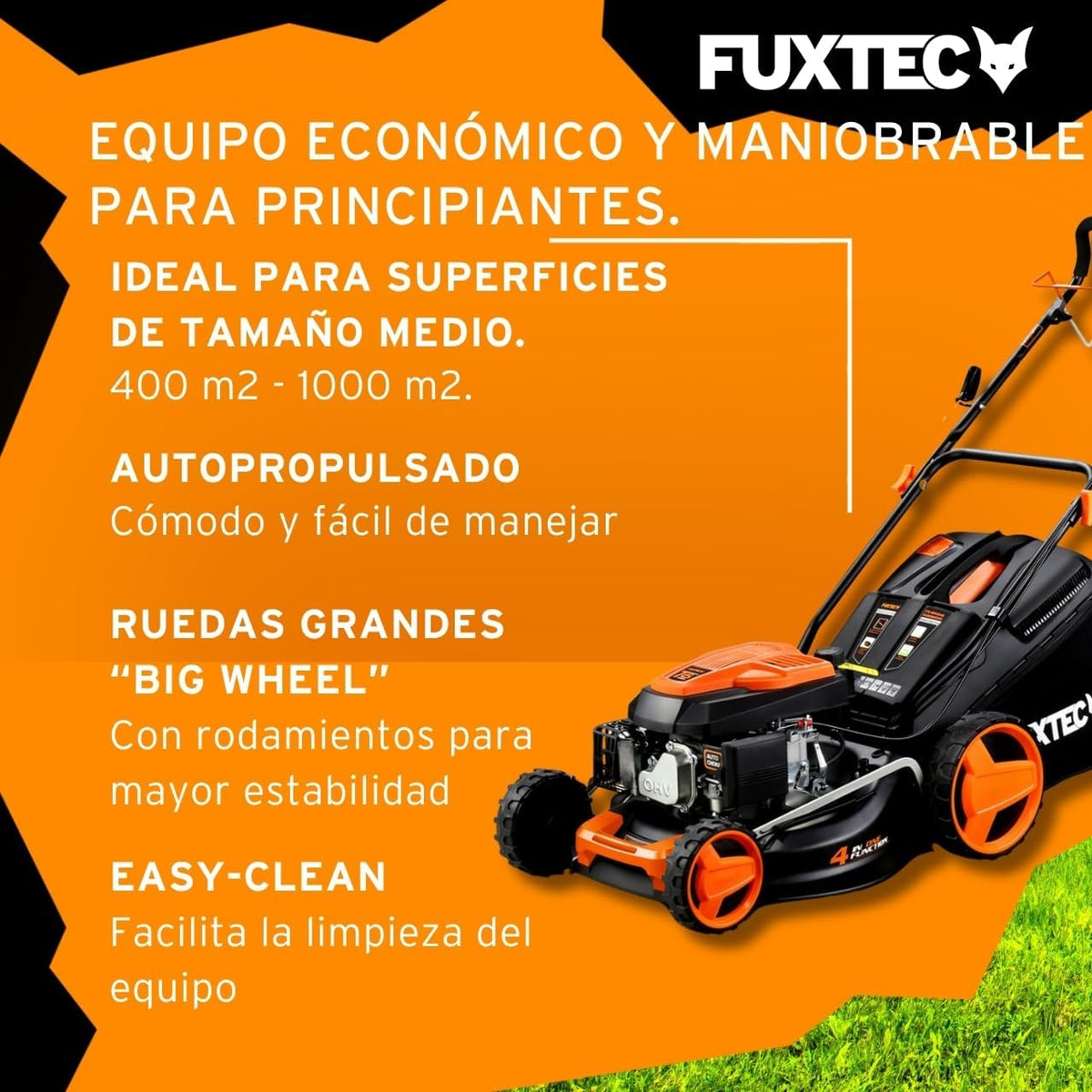 2026 Cortacésped de tracción de Gasolina autopropulsado FUXTEC FX-RM4646 46cm de Ancho de Corte, Potente Motor de Gasolina con transmisión GT 146cc Easy Clean 4en1 2,6KW Mulching/Bolsa de césped 50L
