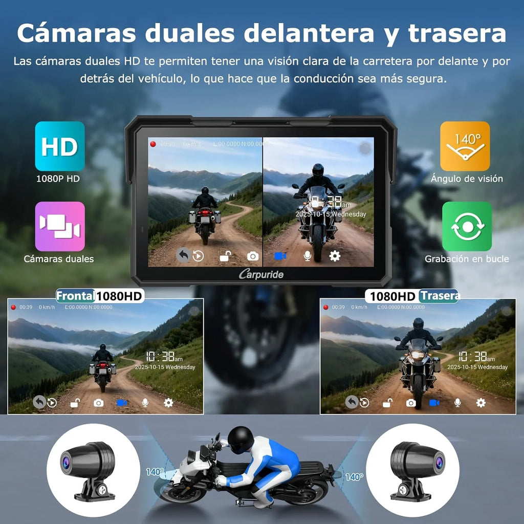 2026 Carpuride W702 Plus Android 14 Motocicleta Carplay Pantalla con Doble Cámara, CarPlay y Android Auto Inalámbricos,7" Pantalla Táctil Impermeable, Audio BT,Grabación Bucle, Navegación Online y Offline.