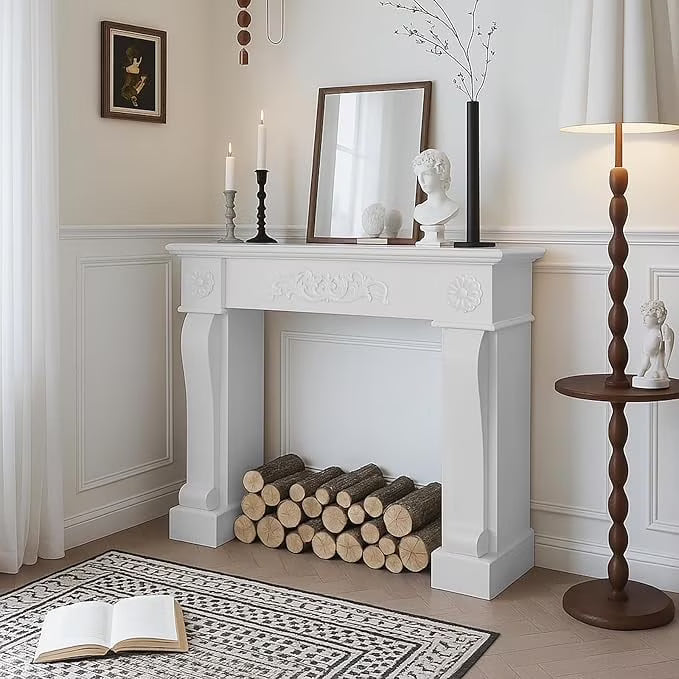2026 NewEPICOZY 44.5" Fireplace Mantel, Freestanding Fireplace Surround with Leg for Electric Fireplaces, MDF Mantel Surround with Shelf for Living Room with Decorative Pattern, Anti-Tipping & Waterproof