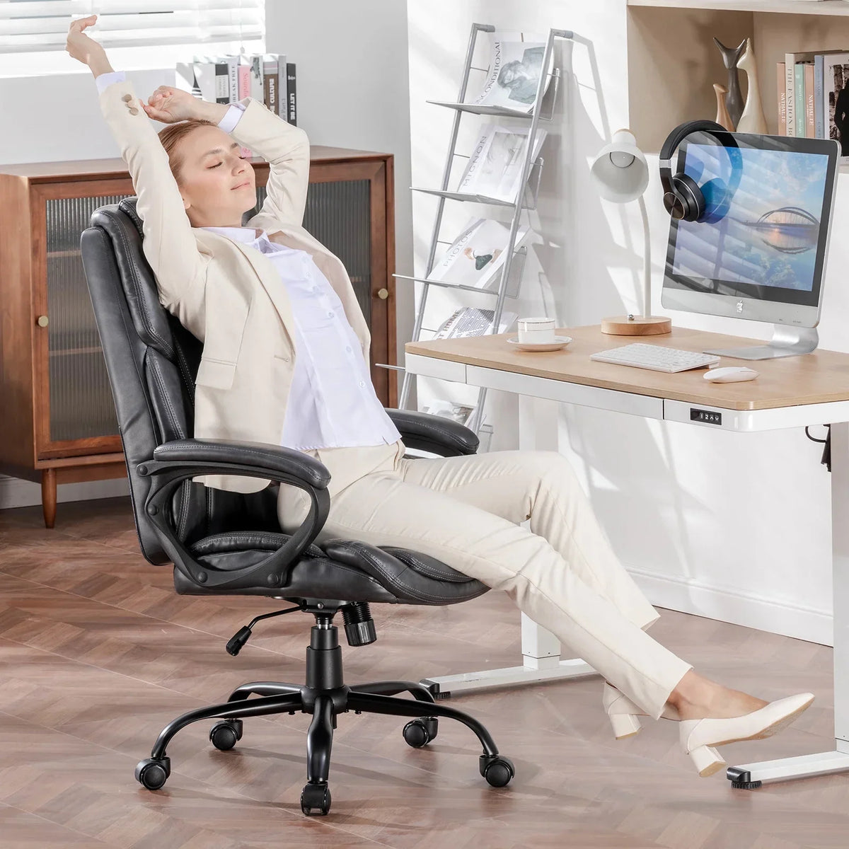 2026 NewMainstays Executive Ergonomic High Back Leather Home Office Desk Chair, Black