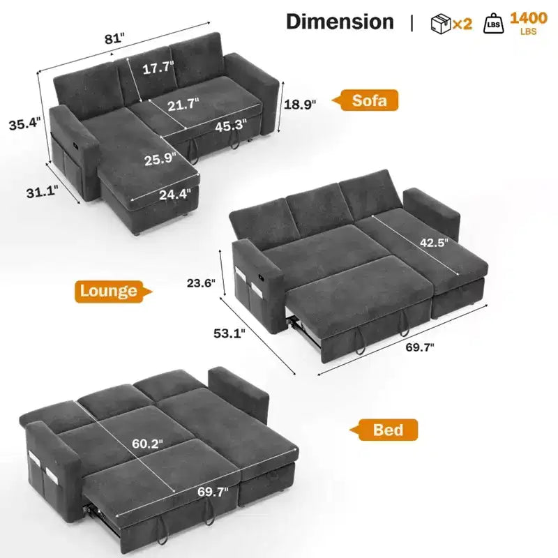 2026 Sofá cama extraíble 2 en 1 con chaise longue de almacenamiento, chenilla y puertos USB