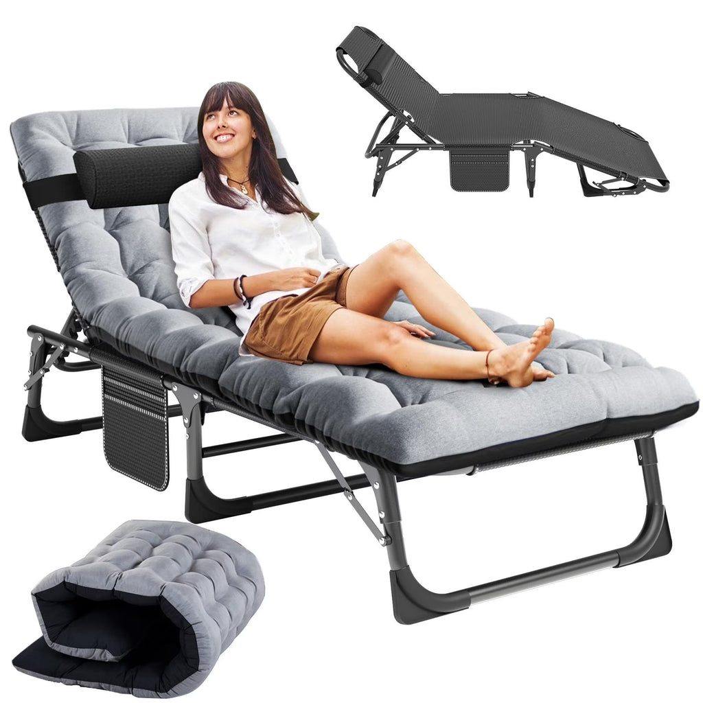 2026 NewMOPHOTO Lounge Chair with Mattress, Outdoor Chaise Lounge Support 440 Lbs, Adjustable Portable Heavy Duty Sleeping Cots Bed for Camping, Pool, Beach, Patio