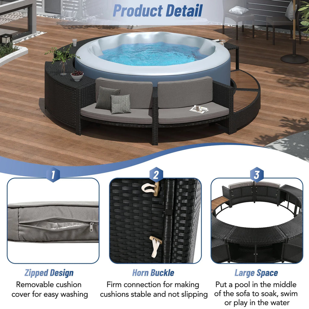 2026 NewRound Hot Tub Surround Furniture, Spa Surround Outdoor Rattan Sectional Sofa Set with Mini Sofa, Solid Acacia Wood Hot Tub Storage Surround Patio Furniture Set, Gray Cushion