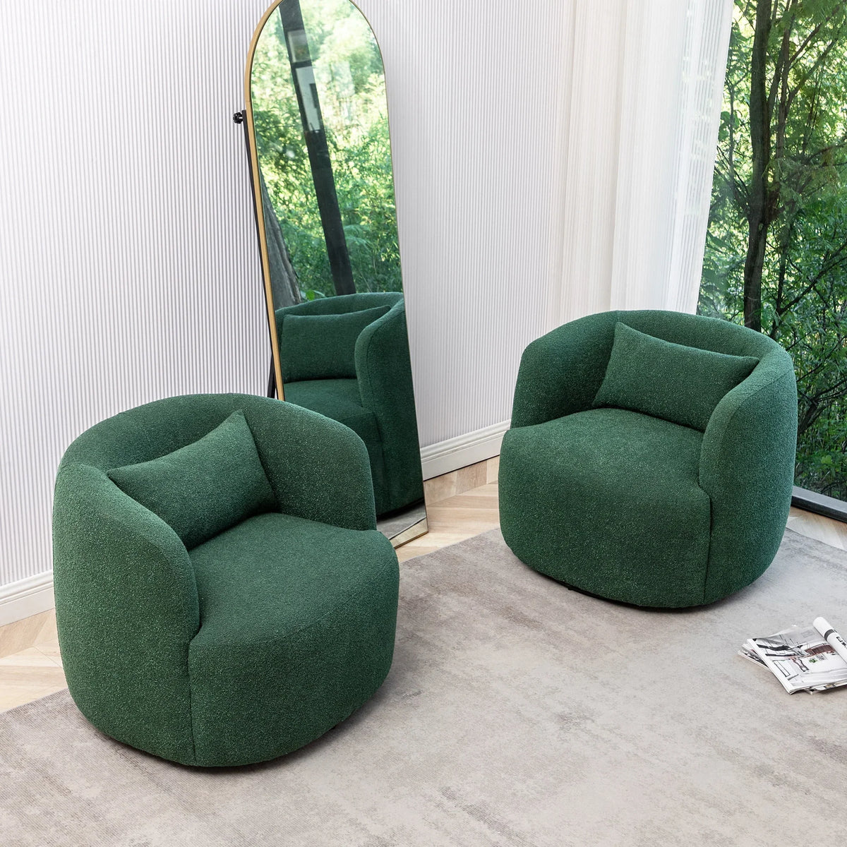 2026 New34" Wide Boucle Swivel Barrel Chair, No Assembly Round Upholstered Armchair Accent Chair Single Sofa Chair with Toss Pillow for Living Room and Bedroom, Taupe