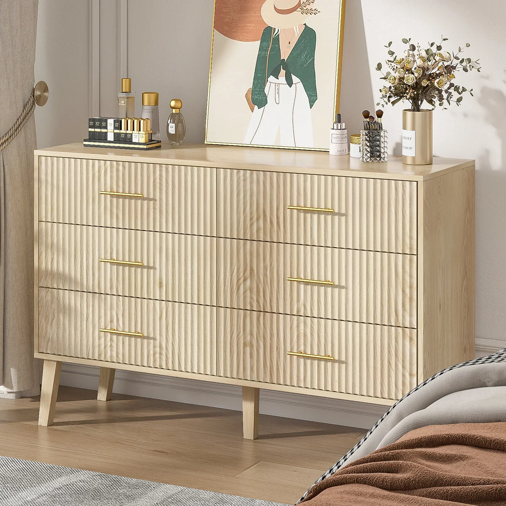 2026 NewFluted 6 Drawers Dresser, Wide Modern Chest of Drawers, 6 Drawer Double Dresser