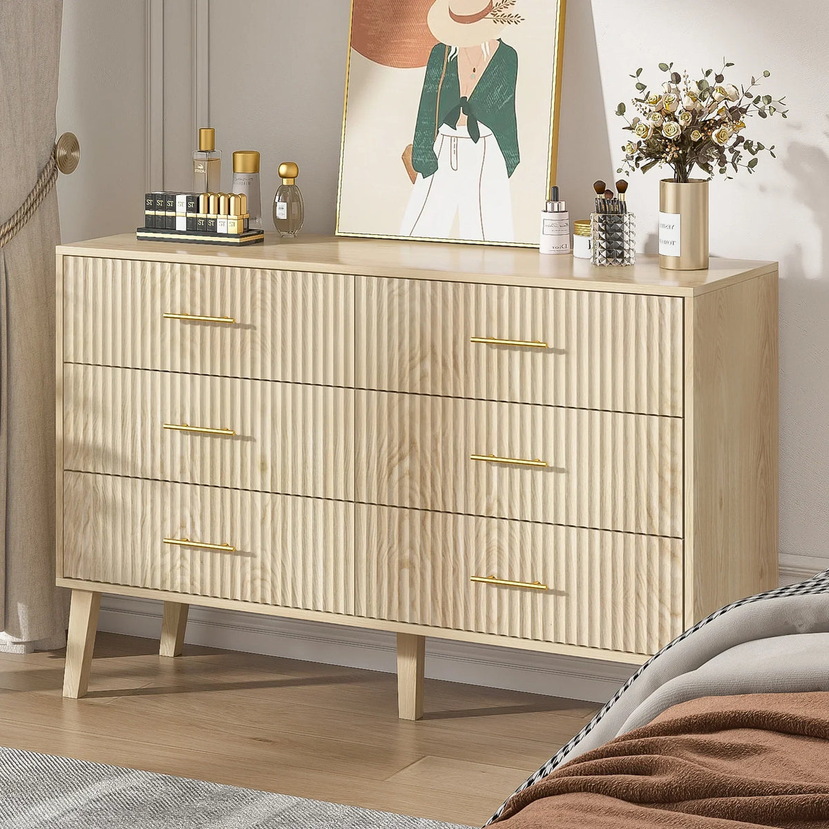 2026 NewFluted 6 Drawers Dresser, Wide Modern Chest of Drawers, 6 Drawer Double Dresser