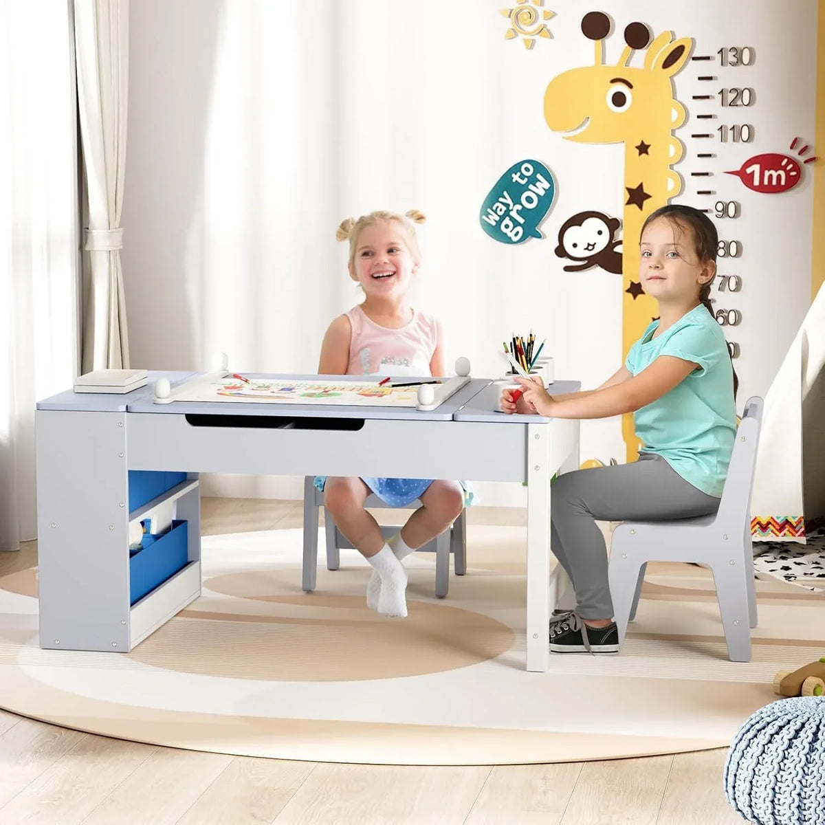 2026 NewLAZY BUDDY Kids Art Table and 2 Chairs Set, 2 in 1 Easel & Toddler Craft Table and Chairs Set with Storage Bins, Paint Cups and Paper Roll, Activity Table Set for Children 3+