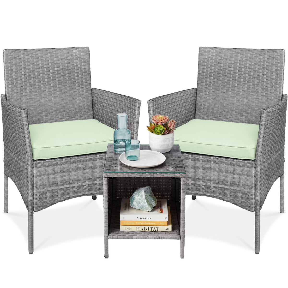 2026 NewBest Choice Products 3-Piece Outdoor Wicker Conversation Patio Bistro Set, w/ 2 Chairs, Table - Gray/Navy