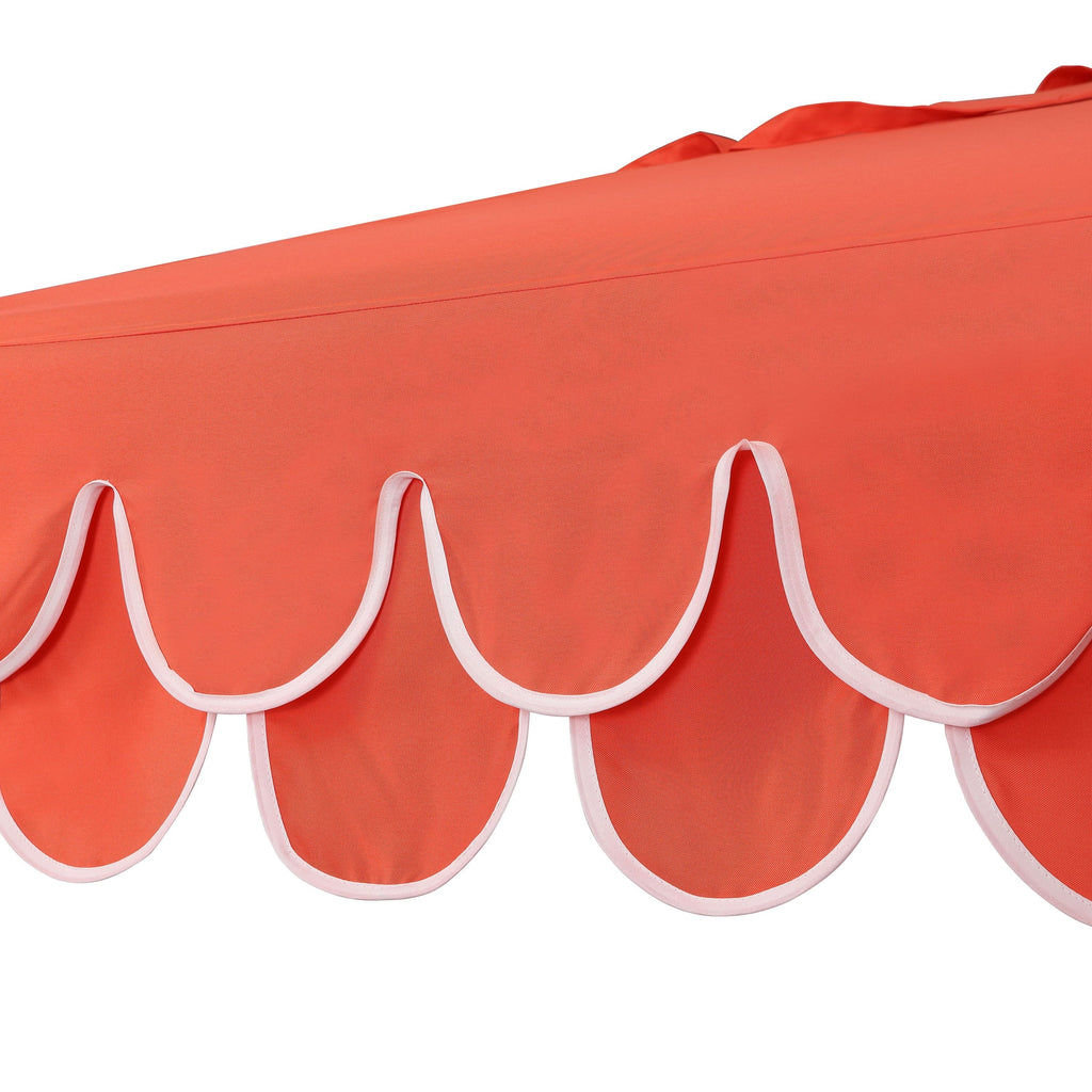 2026 NewJONATHAN Y Tracy 9 ft. Market Patio Umbrella, Classic Mid-Century Scalloped Fringe, with Auto-Tilt Crank, Wind Vent and UV Protection, Coral Pink/White, Dark Brown Pole