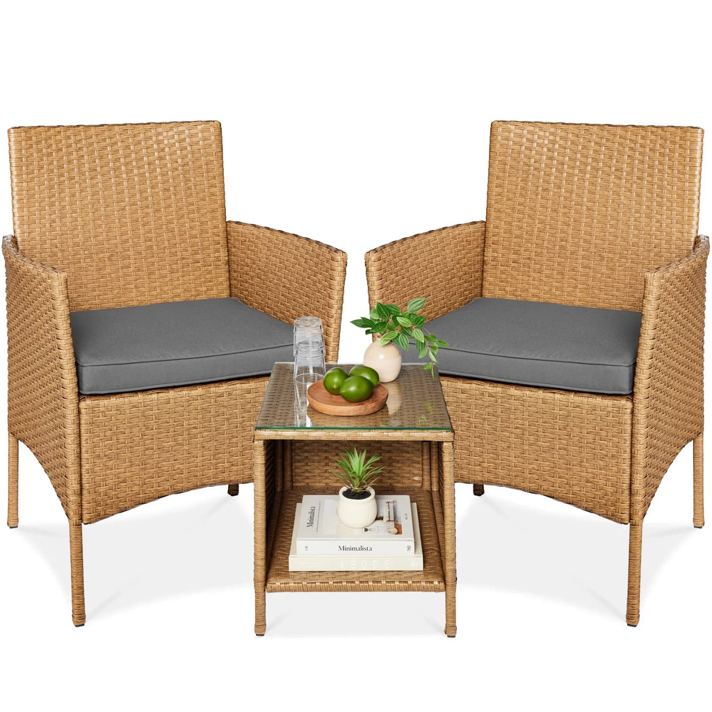 2026 NewBest Choice Products 3-Piece Outdoor Wicker Conversation Patio Bistro Set, w/ 2 Chairs, Table - Gray/Navy