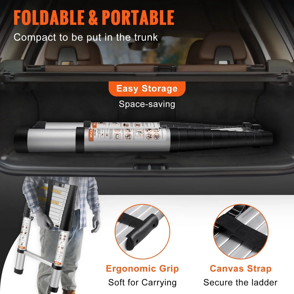 2026 NewBENTISM 12.5 FT Telescoping Ladder, Aluminum Collapsible Ladder with One-Button Retraction,375 LB Capacity,ANSI Certified | Portable for Home, RV, Loft Use