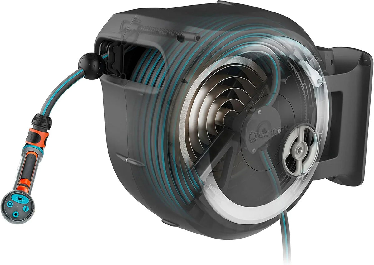 2026 Enrollador de manguera de pared Gardena Rollup L (blanco) de 30 m con 1 aspersor Comfort Multi-Sprinkler, guía de manguera integrada, manguera de calidad de 30 m y soporte de montaje auxiliar (18627-38)
