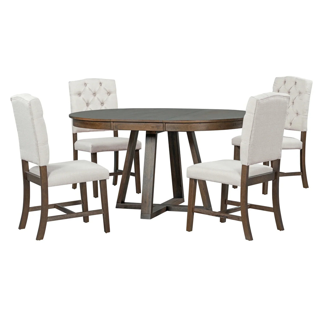 2026 New5 Piece Round Dining Table Set, Dining Room Set with Extendable Table and 4 Upholstered Chairs, Wood Dining Table Set for 4, Farmhouse Dining Table Set for Kitchen Dining Room Dorm Apartment, Brown