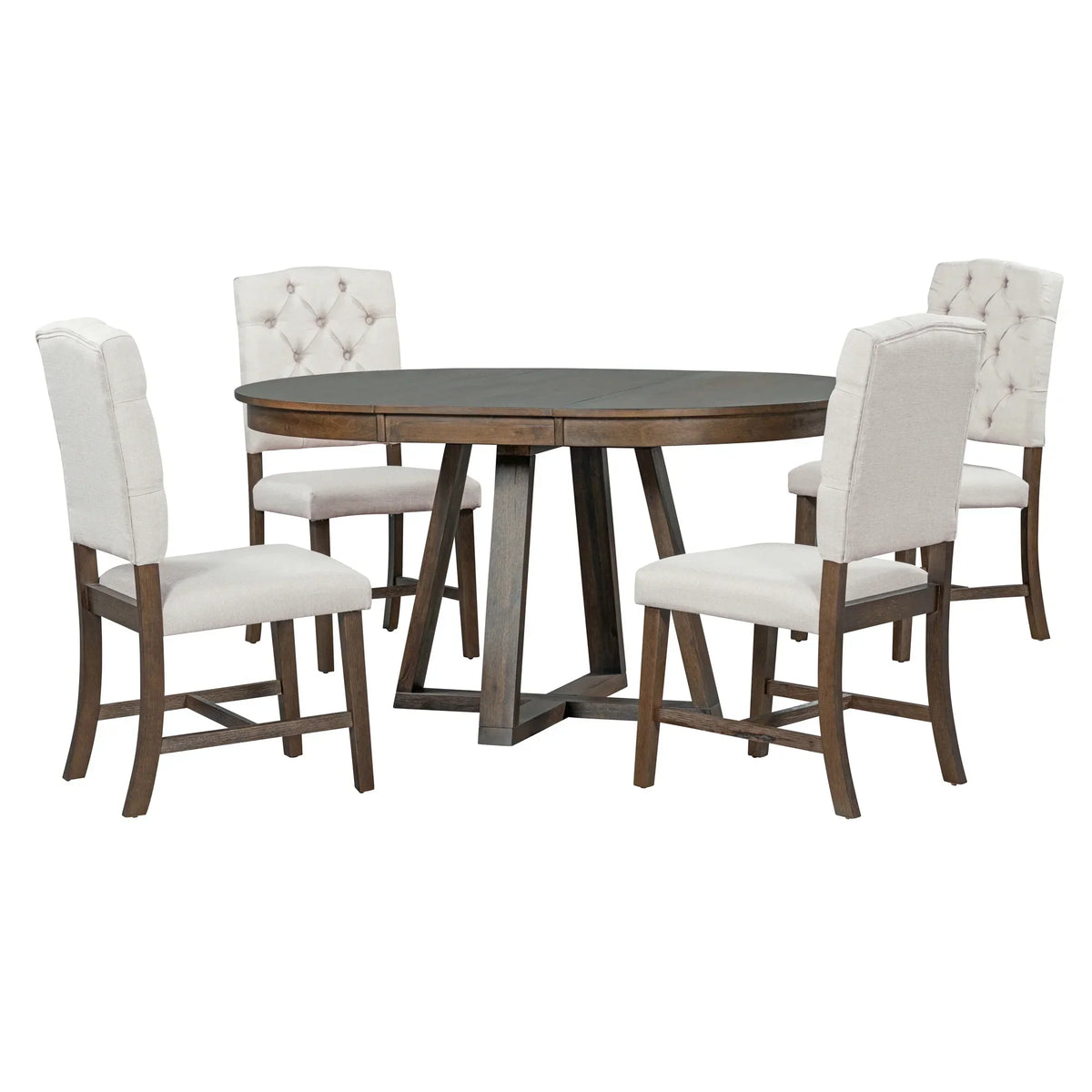 2026 New5 Piece Round Dining Table Set, Dining Room Set with Extendable Table and 4 Upholstered Chairs, Wood Dining Table Set for 4, Farmhouse Dining Table Set for Kitchen Dining Room Dorm Apartment, Brown