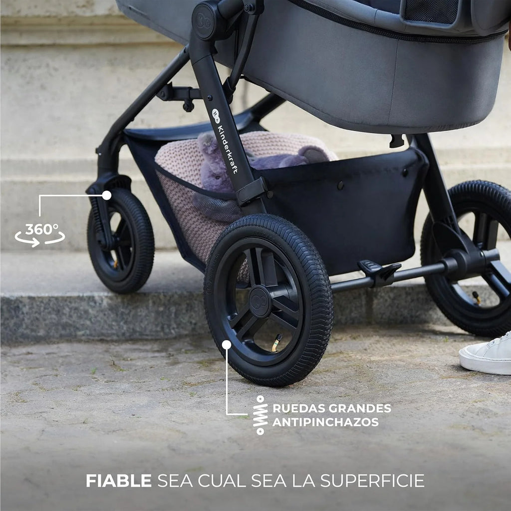 2026 Kinderkraft MOOV XL 3 en 1, Carrito bebé hasta 27 kg, Carro, Con Asiento I-SIZE 40-75 cm, Plegable, Amortiguación, Convertible, Capazo XL, Con accesorios, Gris Claro