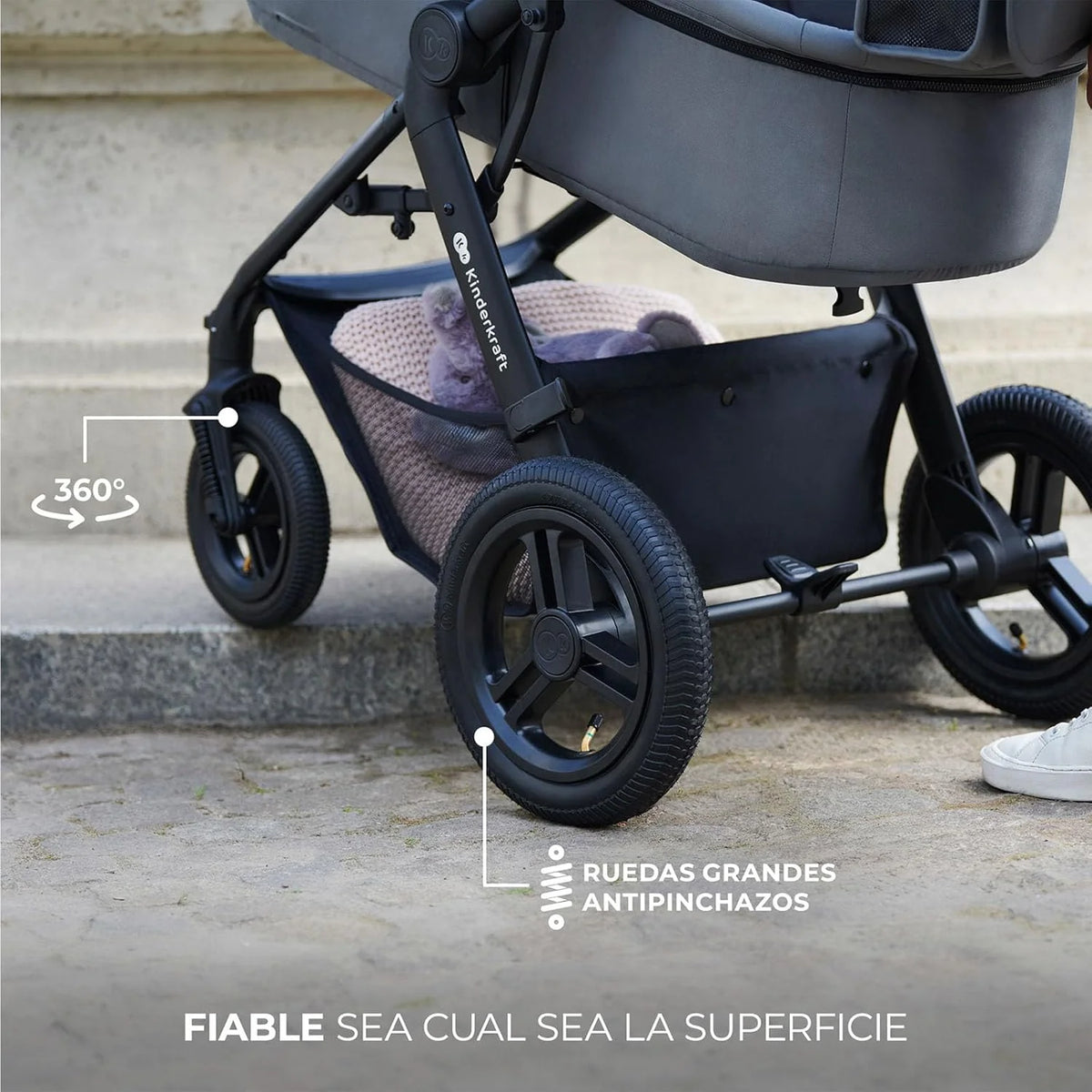 2026 Kinderkraft MOOV XL 3 en 1, Carrito bebé hasta 27 kg, Carro, Con Asiento I-SIZE 40-75 cm, Plegable, Amortiguación, Convertible, Capazo XL, Con accesorios, Gris Claro
