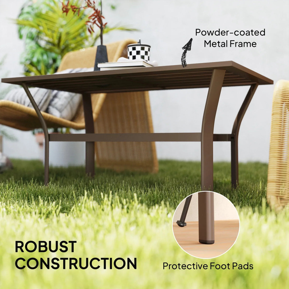 2026 NewOutsunny Outdoor Coffee Table, All-Weather Rectangle Patio Coffee Table with Slatted Tabletop for Outside, Patio, Brown