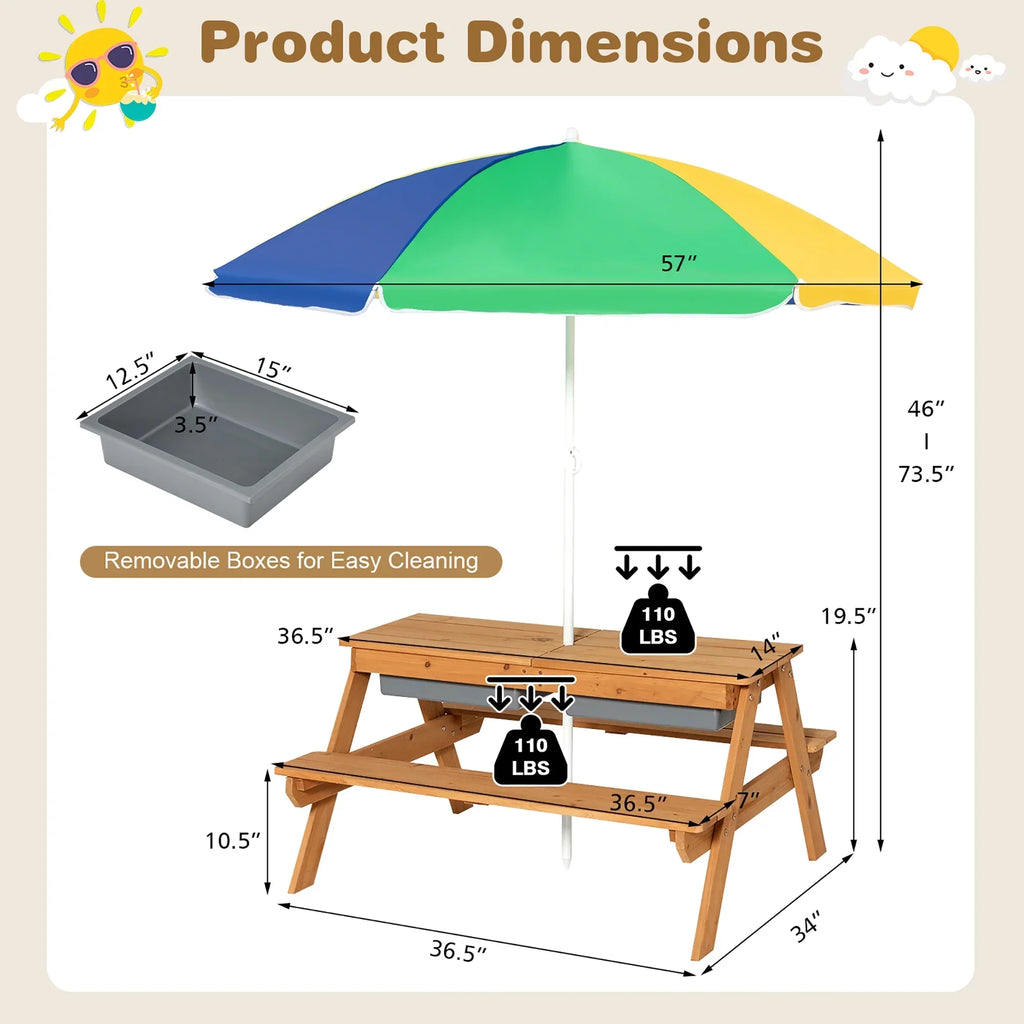 2026 NewCostway 3-in-1 Kids Picnic Table Wooden Outdoor Sand & Water Table with Umbrella Play Boxes Green