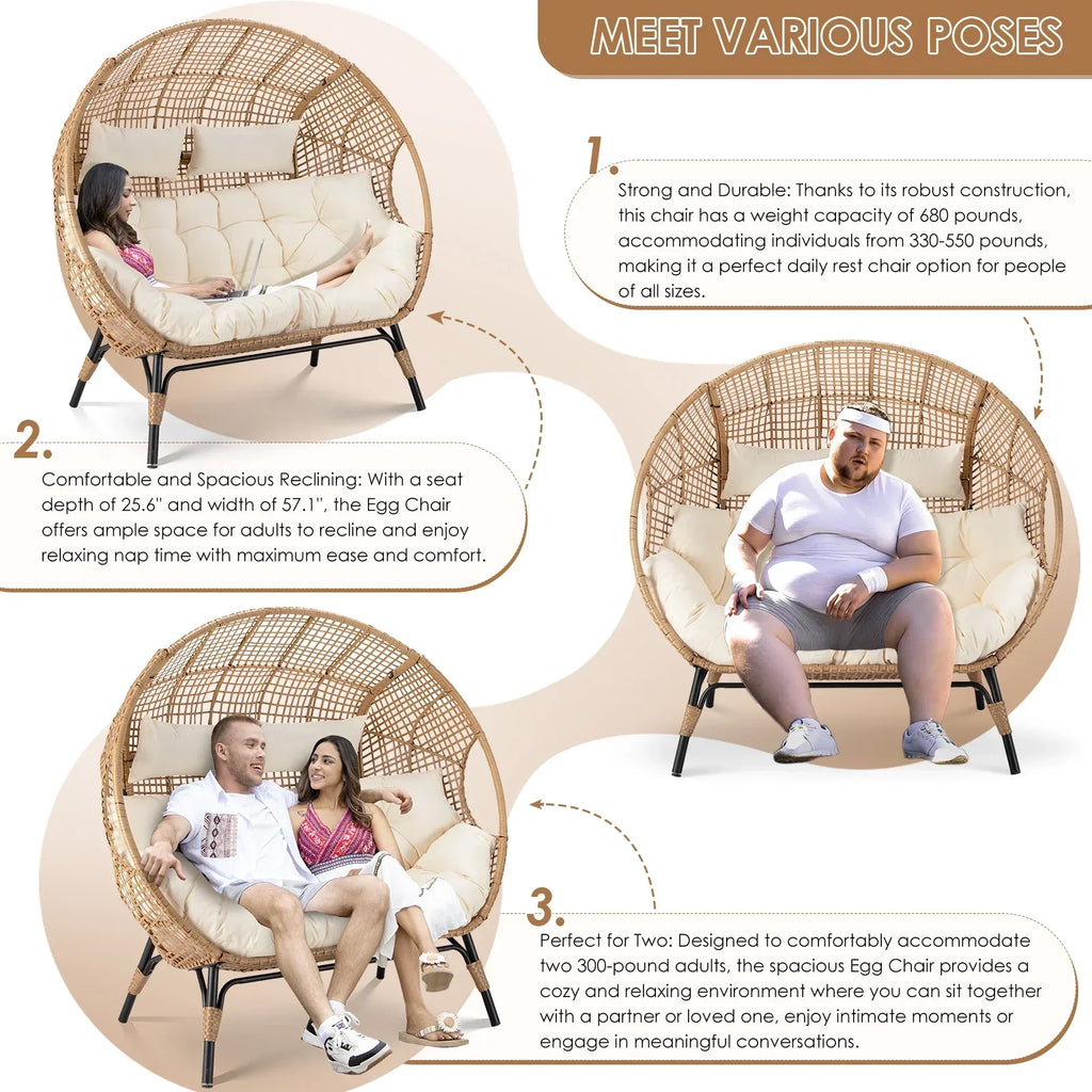 2026 NewRADIATA Double Egg Chair for 2 Person, Oversized Wicker Loveseat with Thick Cushions, 680 lbs Capacity, Indoor Outdoor Stationary Patio Lounge Chair for Balcony, Garden, Beige