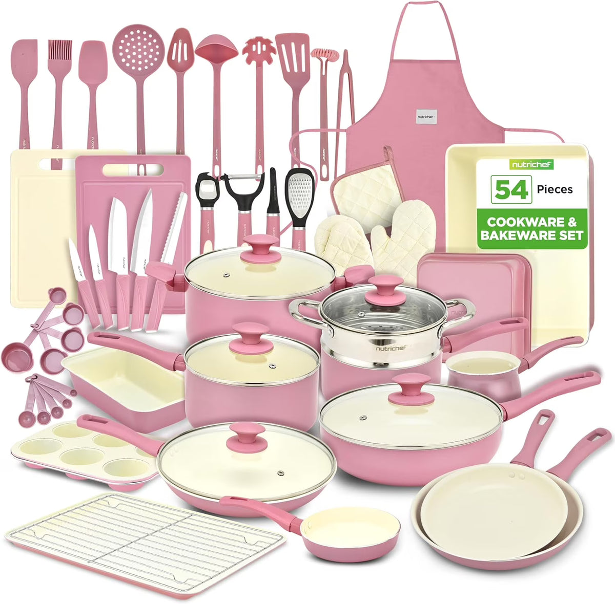 2026 New54-Piece Kitchen Cookware Set �C Complete Non-Stick Ceramic Pots and Pans Set with Utensils, Bakeware, and Knife Set, Gas, Electric & Induction Compatible, Blush Pink Kitchen Essentials