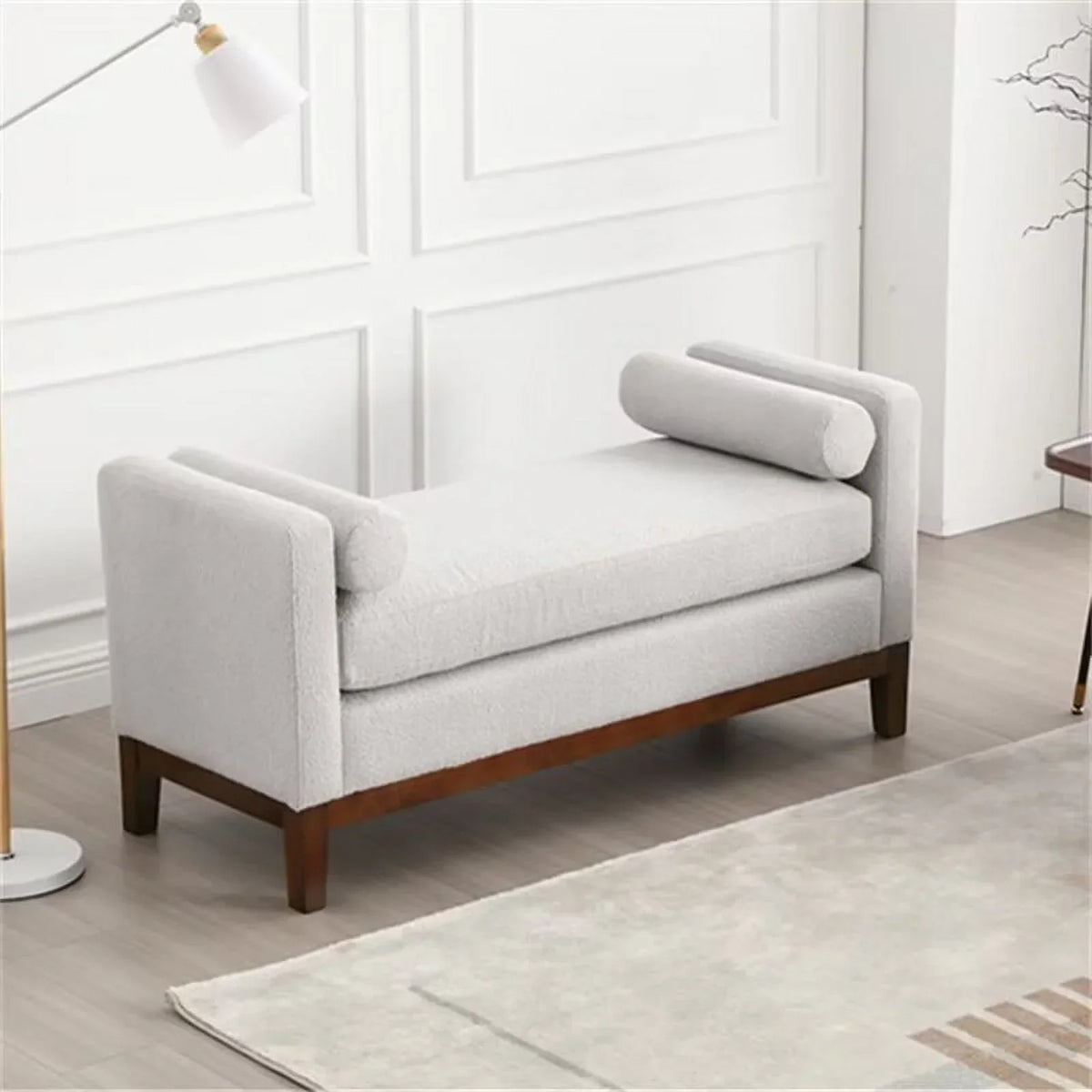 2026 NewEnd of Bed Bench, 53.5" Boucle Fabric Upholstered Entryway Bench with Wood Legs & Bolster Pillows, Rolled Arm Cushioned Ottoman Foot Rest Long Stool Window Extra Seating for Bedroom, Ivory