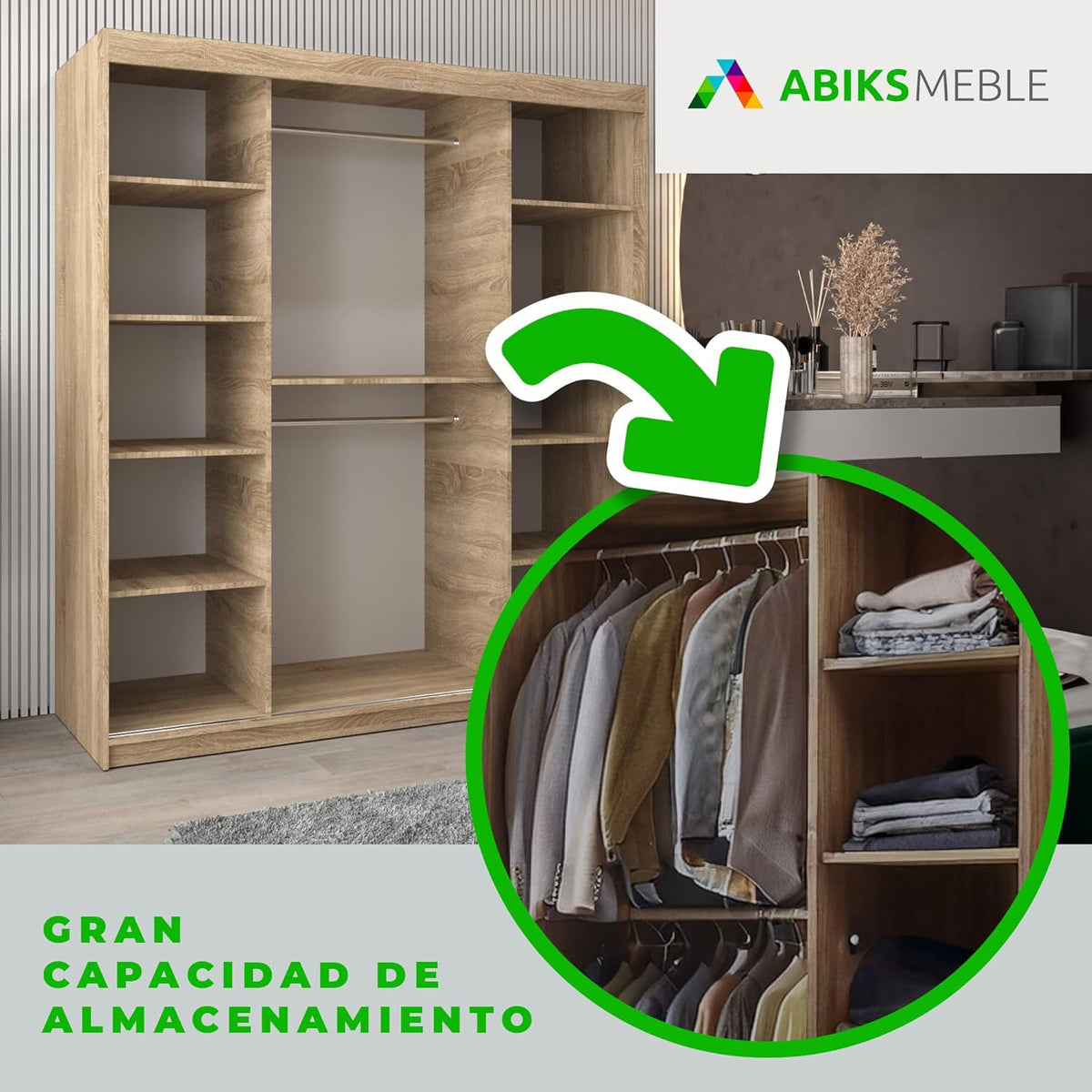 2026 ABIKSMEBLE Verona 2 180 Armario 2 Puertas Correderas para Dormitorio - Armario Moderno con Espejo, Barra y Estantes - 180x200x62 cm (Ancho x Alto x Fondo) - Sonoma Blanco Mate