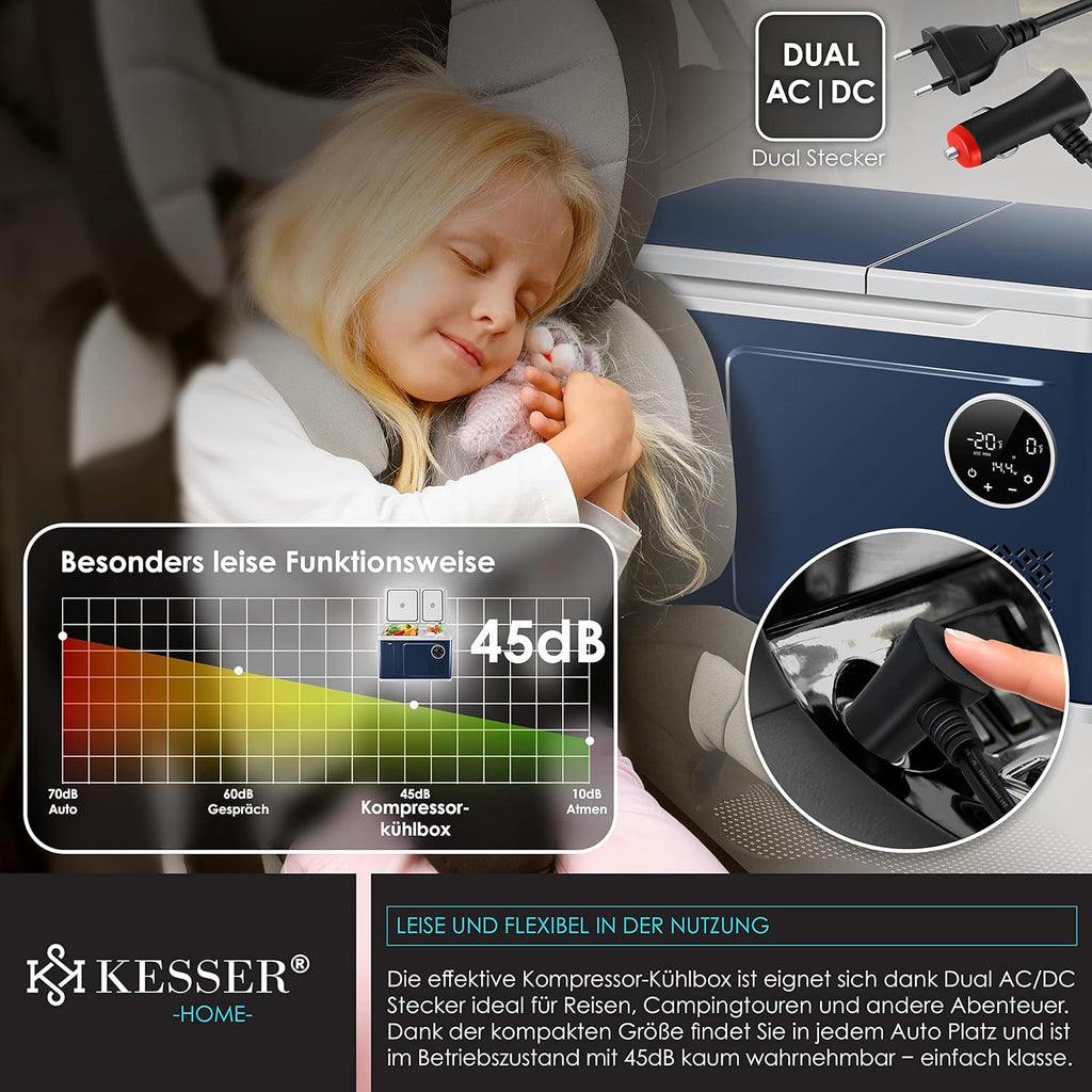2026 Nevera portátil con compresor KESSER 2 en 1, doble zona de refrigeración y congelación, con 2 acumuladores de frío y control táctil LED | Refrigerador con capacidad de enfriamiento hasta -20 °C para camping, coche y camión, 12/24 V 230 V