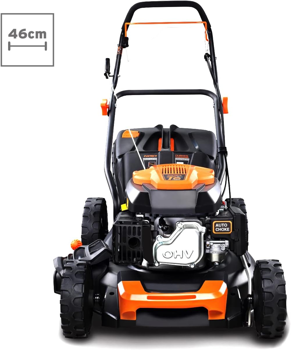 2026 Cortacésped de tracción de Gasolina autopropulsado FUXTEC FX-RM4646 46cm de Ancho de Corte, Potente Motor de Gasolina con transmisión GT 146cc Easy Clean 4en1 2,6KW Mulching/Bolsa de césped 50L