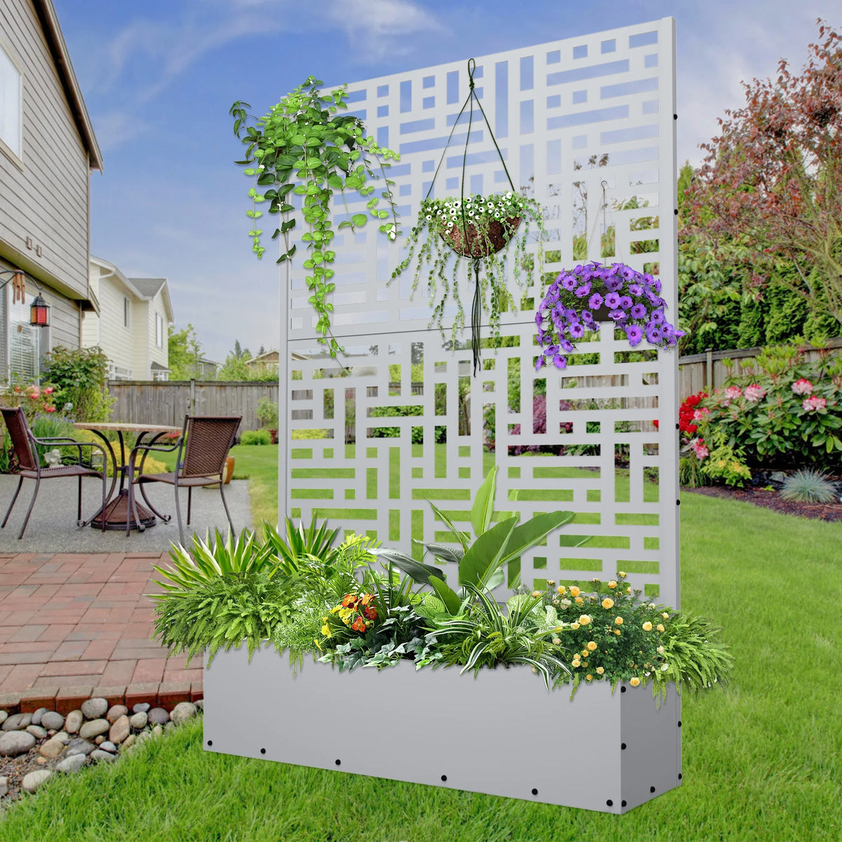 2026 Macetero metálico FOOWIN de 180 cm de alto con enrejado, jardinera elevada para exteriores para plantas trepadoras, jardinera con enrejado y orificio de drenaje, color negro.