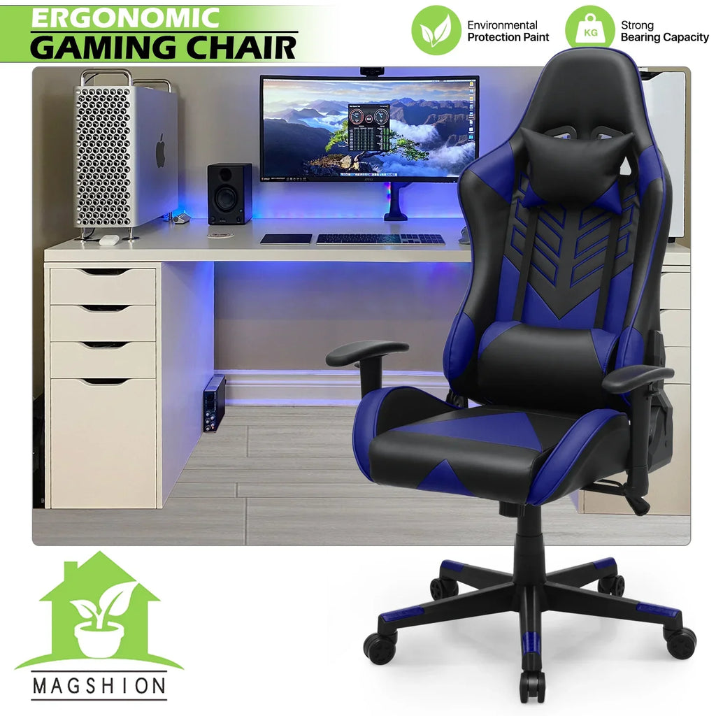 2026 NewMagshion Ergonomic Gaming Chair, Comfortable Gaming Chair, Computer Chair Leather Desk Chair Adjustable Swivel Gaming Office Chair, Blue