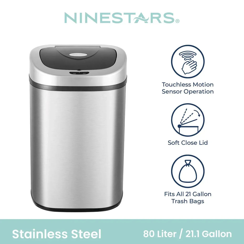 2026 NewNine Stars Automatic Trash Can, 21 Gallon Stainless Steel, Motion Sensor Hands Free Soft Close Lid Garbage Bin, Silver