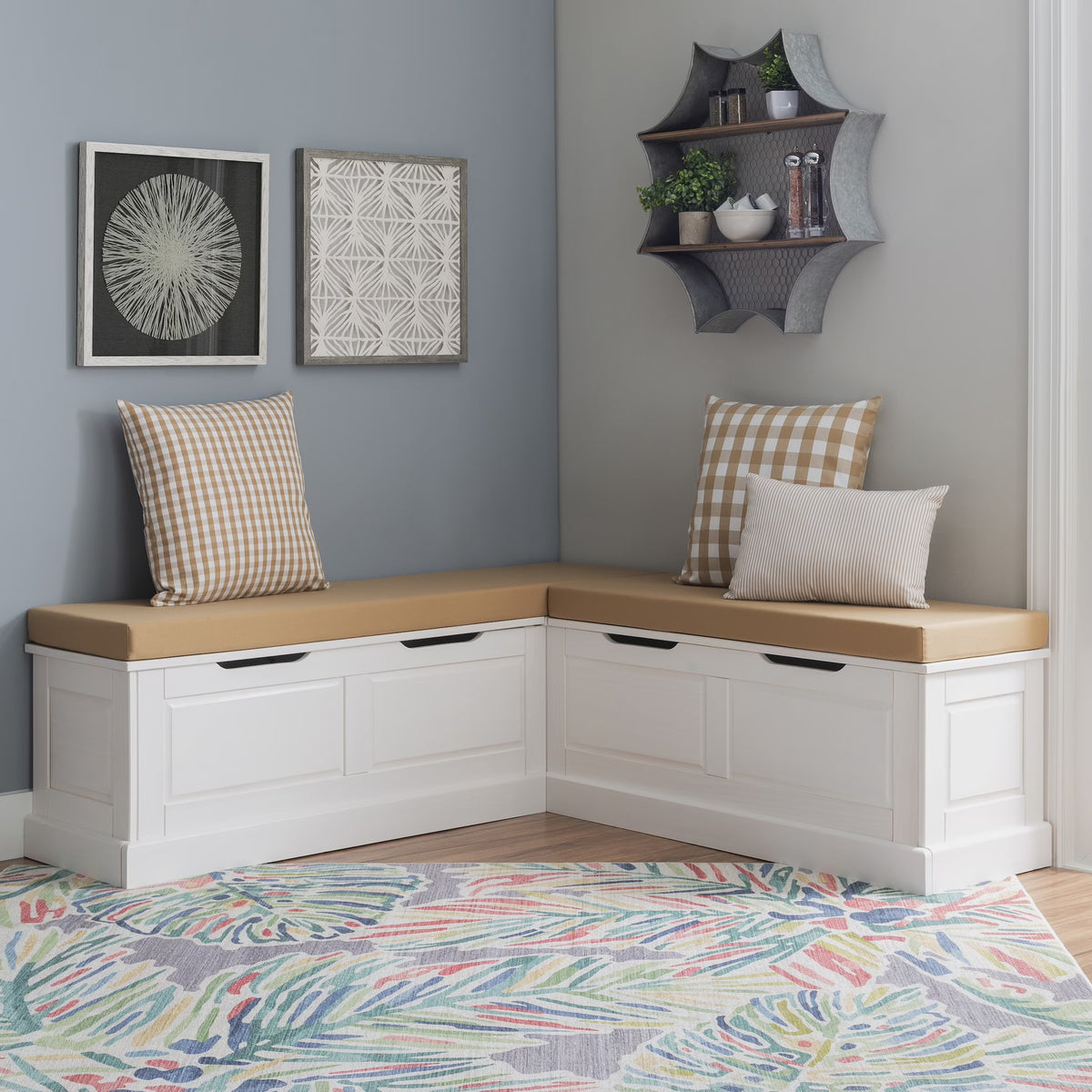 2026 NewLinon Romero Backless Corner Nook with Storage, 5-Piece Cushion Set, Natural/White/Beige