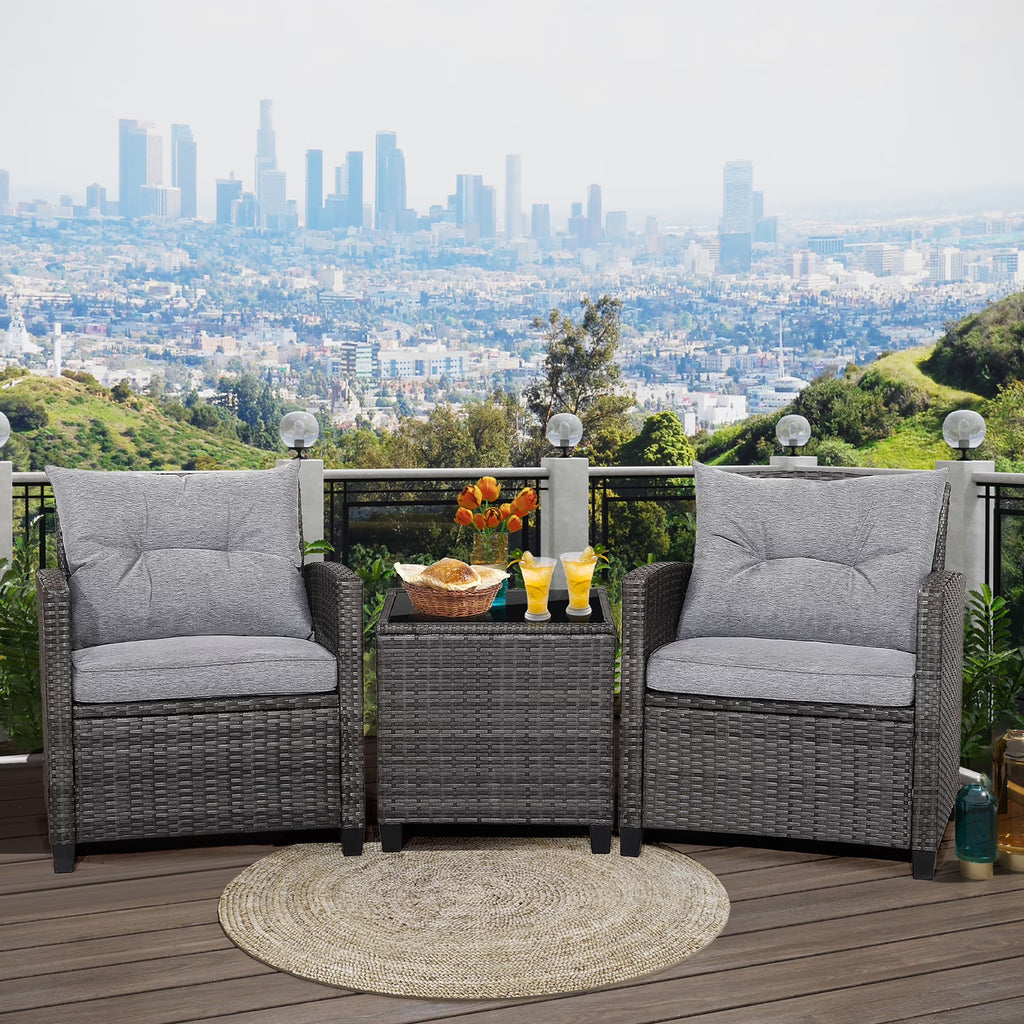 2026 NewGymax 3PCS Patio Rattan Sofa Set Outdoor Wicker Conversation Set Glass Tabletop w/ Grey Cushion