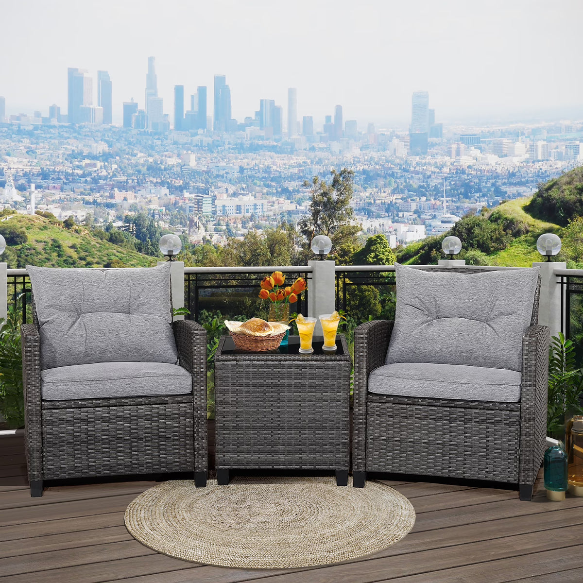 2026 NewGymax 3PCS Patio Rattan Sofa Set Outdoor Wicker Conversation Set Glass Tabletop w/ Grey Cushion