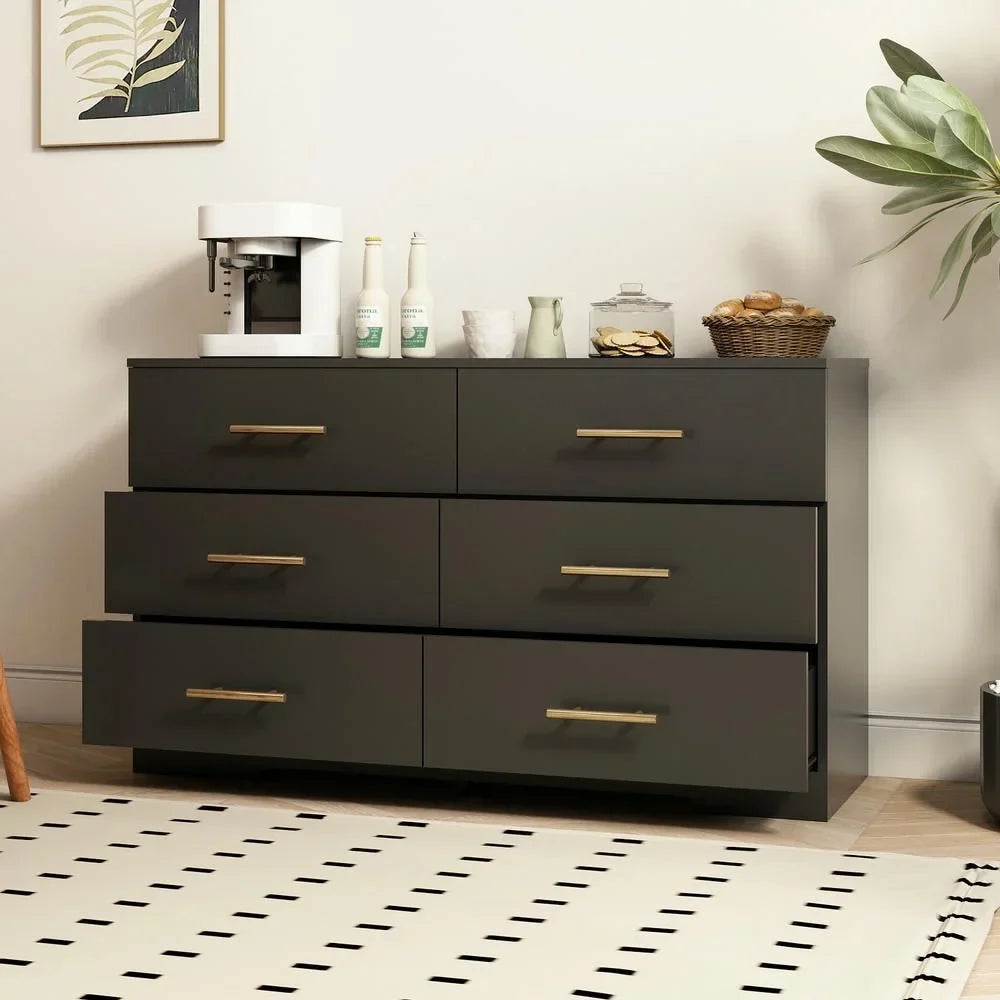 2026 NewKadyn Modern 6 Drawer Dresser Wood Cabinet,Dresser for Bedroom, Kitchen Storage Cabinet with Drawers, Chest of Drawers(Black)