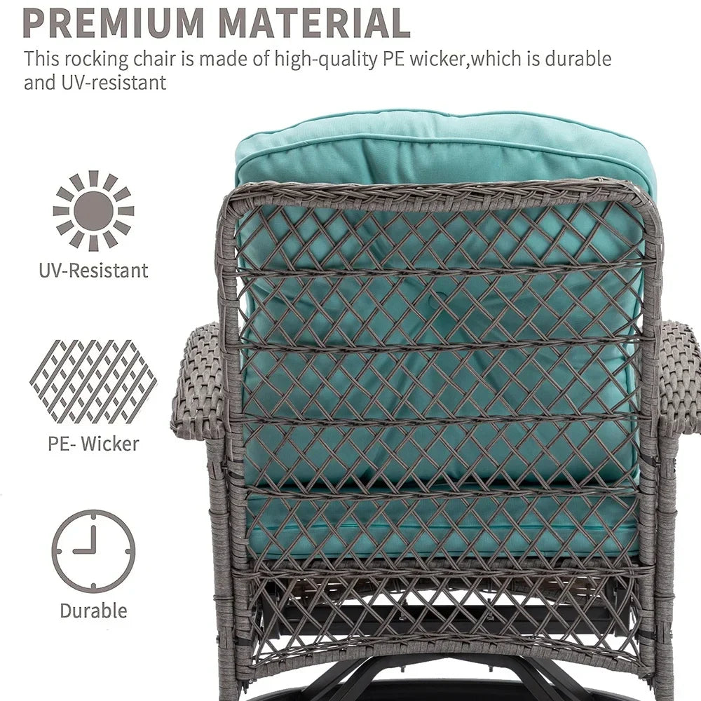 2026 New3 Piece Patio Swivel Rocker Chairs Set, 2 360-Degree Swivel Rocking Chairs with 1 Glass Top Table, PE Rattan Outdoor Bistro Set with Cushions for Balcony Deck Poolside Backyard Porch