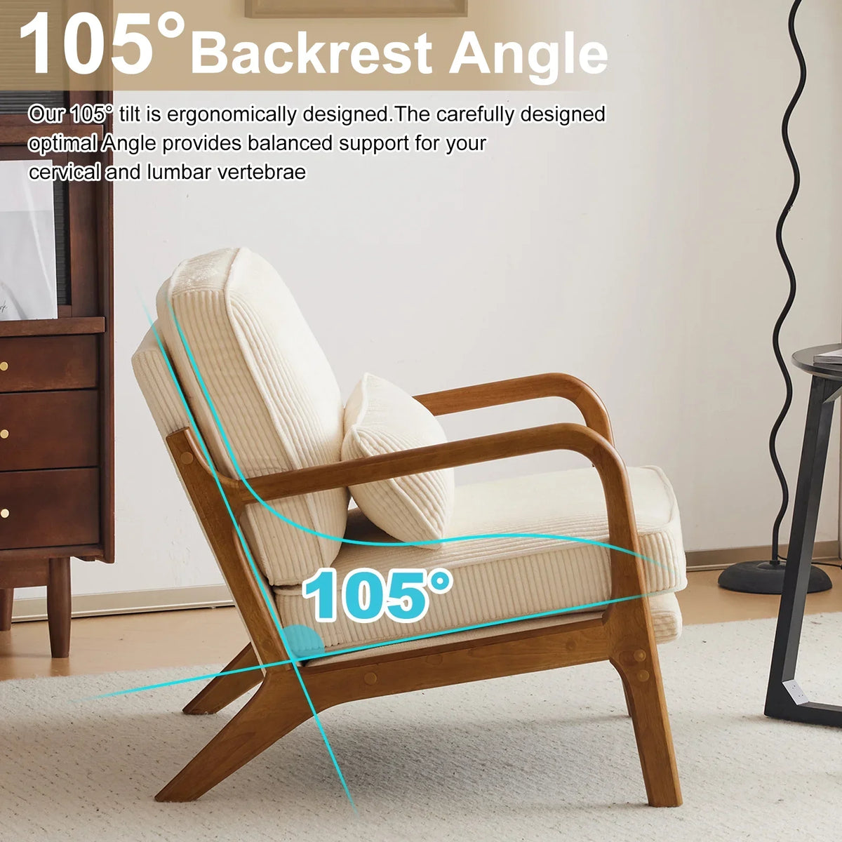 2026 NewKtaxon Accent Chair Corduroy Upholstered Armchair, Reading Club Chair with Pillow and Solid Wood Frame for Living Room Bedroom Furniture Off White