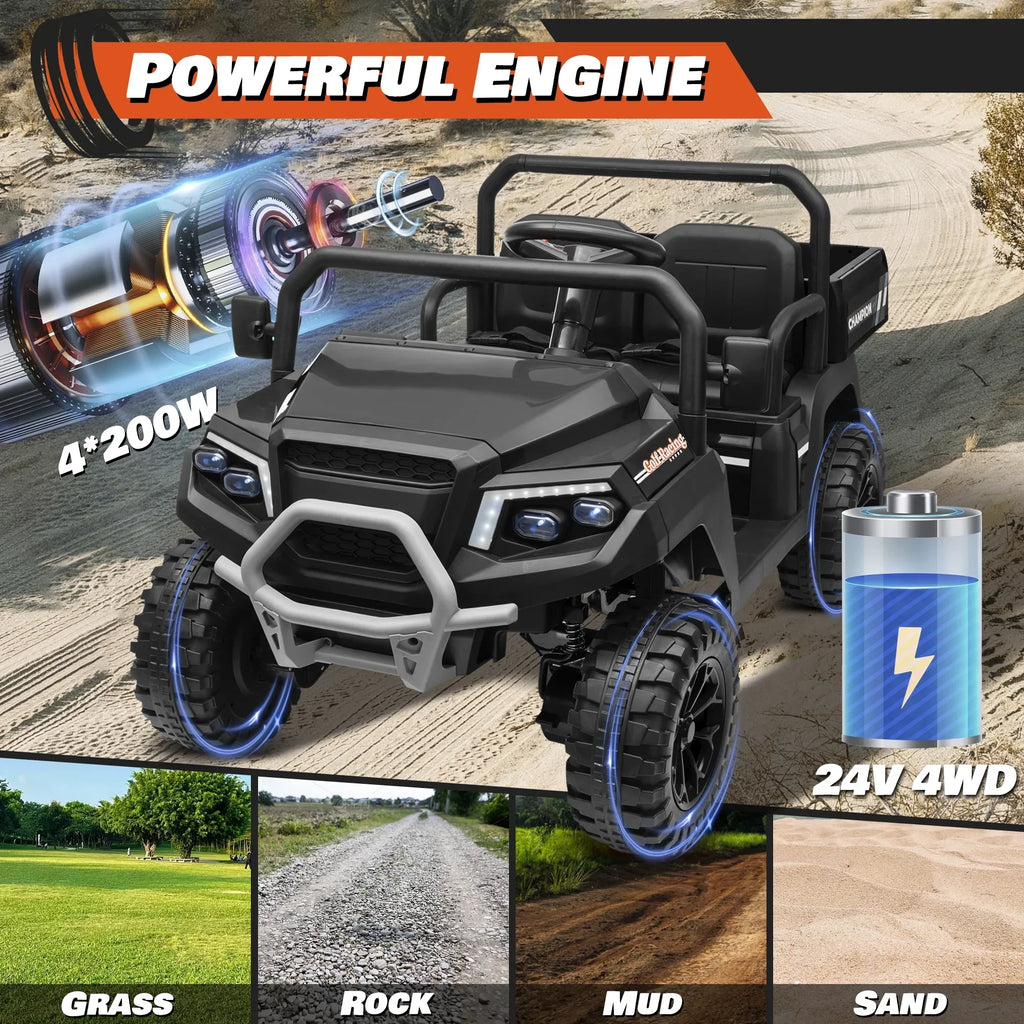 2026 NewJoyracer 4WD 24 Volt Ride on Toys UTV with 2 Seater & Remote Control, Kids Electric Golf Cart w/ 4x200W Power Motors, Tiltable Trailer & Shovel, 4 Wheels Spring Suspension, Bluetooth USB Music, Black