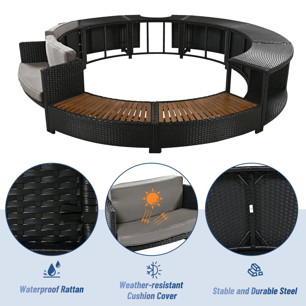 2026 NewRound Hot Tub Surround Furniture, Spa Surround Outdoor Rattan Sectional Sofa Set with Mini Sofa, Solid Acacia Wood Hot Tub Storage Surround Patio Furniture Set, Gray Cushion