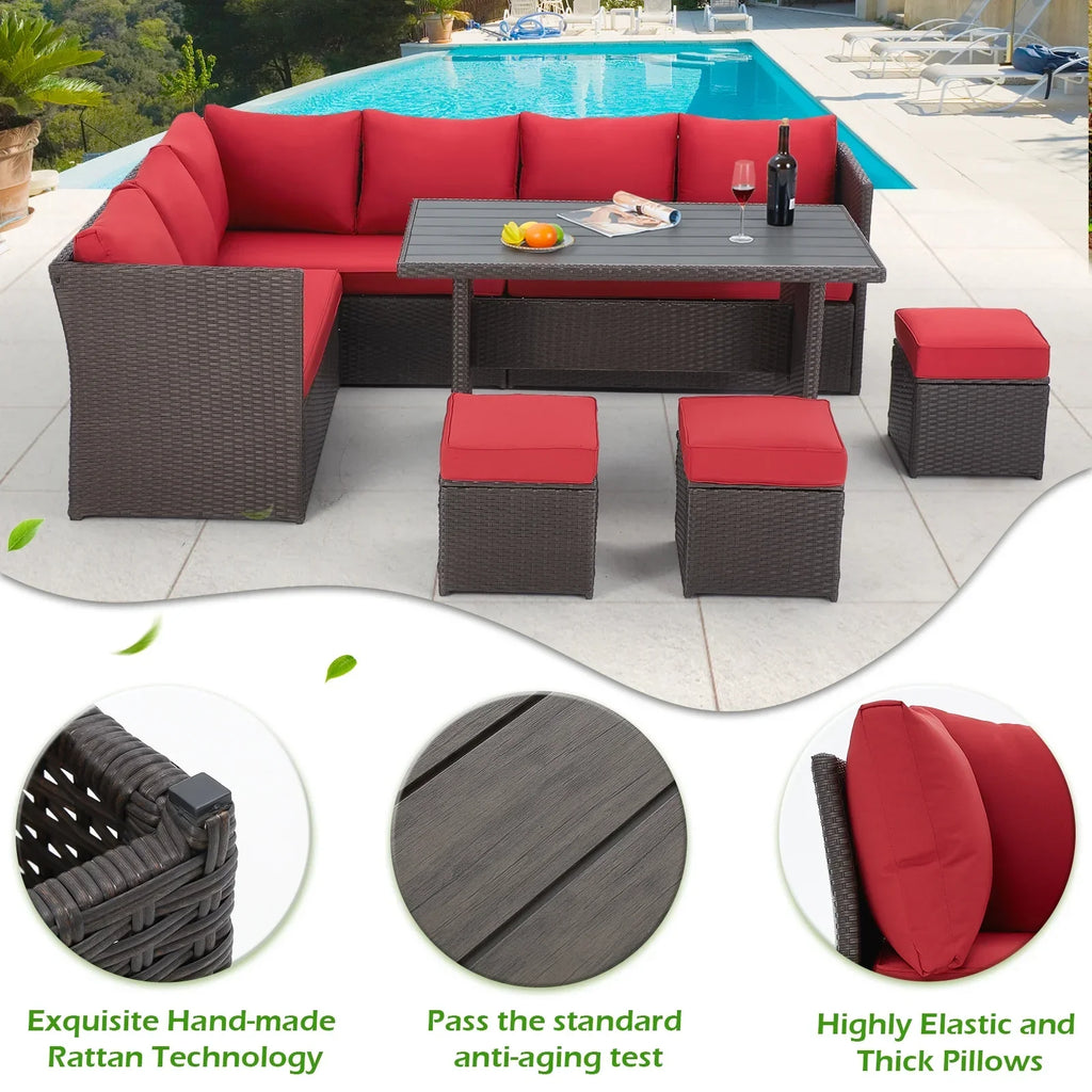 2026 NewAECOJOY 7 Piece Patio Furniture Set PE Rattan Outdoor Dining Set Sectional Sofa Couch with Table Patio Conversation Set in Gray