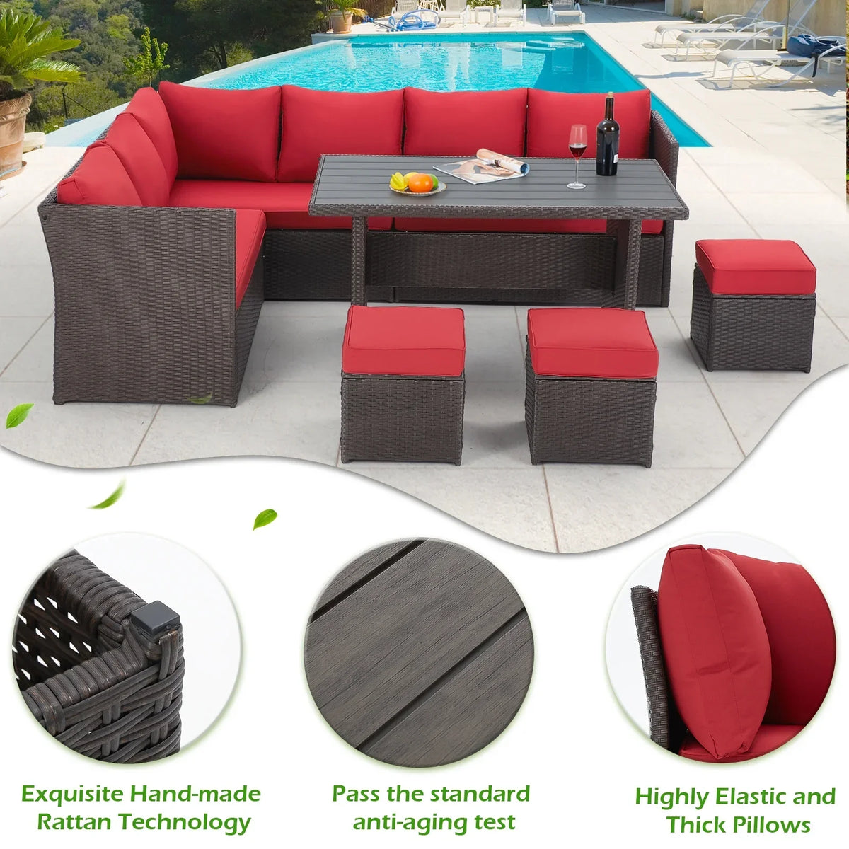 2026 NewAECOJOY 7 Piece Patio Furniture Set PE Rattan Outdoor Dining Set Sectional Sofa Couch with Table Patio Conversation Set in Gray