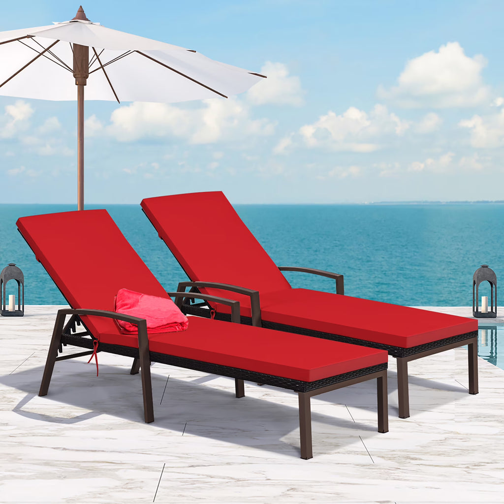 2026 NewCostway 2PCS Patio Rattan Lounge Chair Chaise Recliner Back Adjustable Cushioned Red